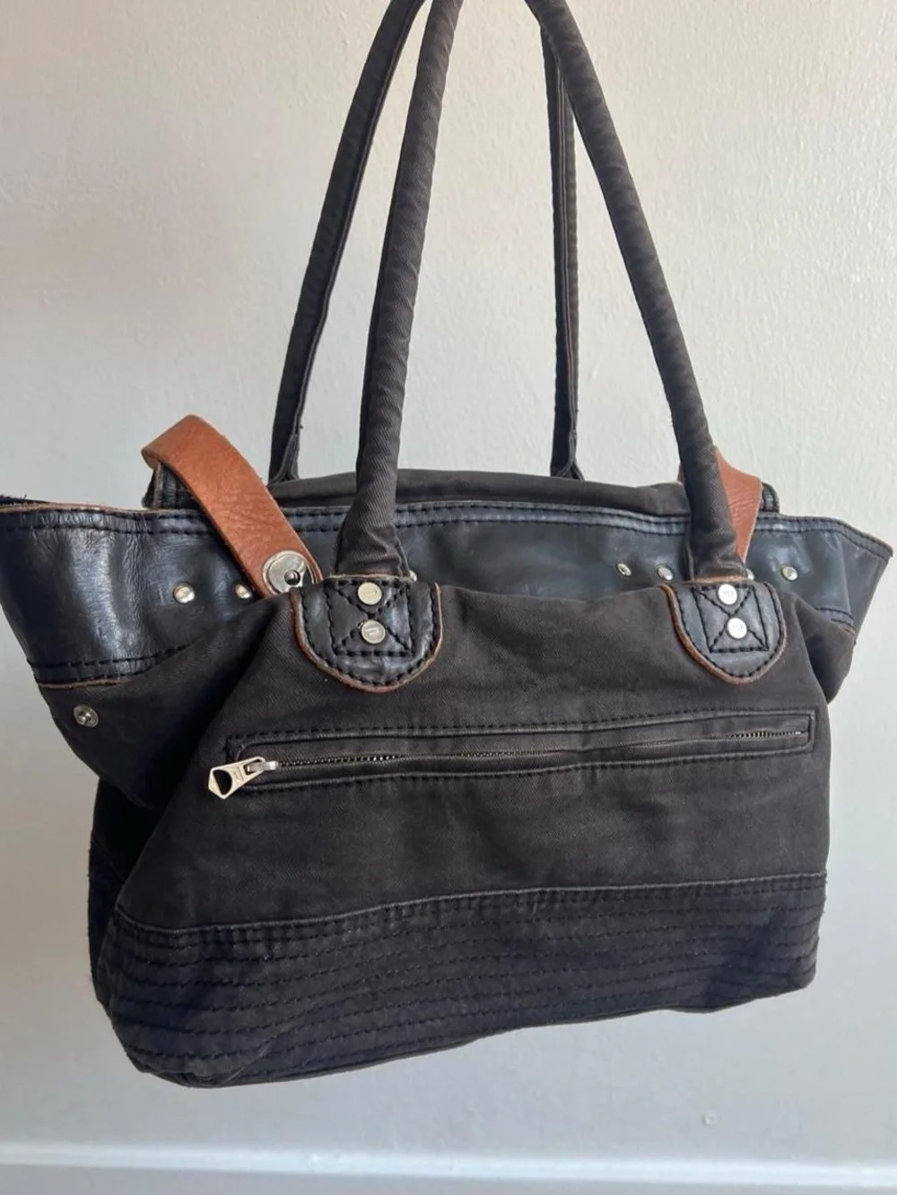 Diesel Black Canvas & Leather Tote Bag